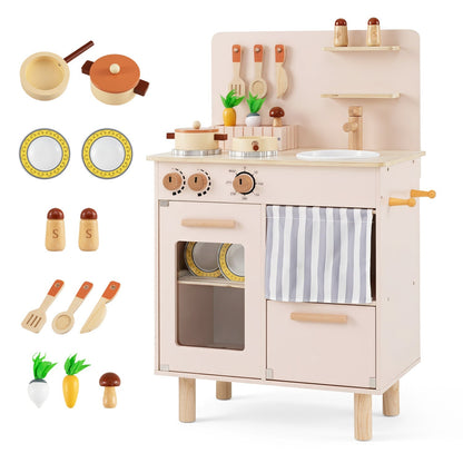 Wooden play kitchen set for kids with stove, sink, and faucet, featuring realistic kitchen accessories in natural wood finish.