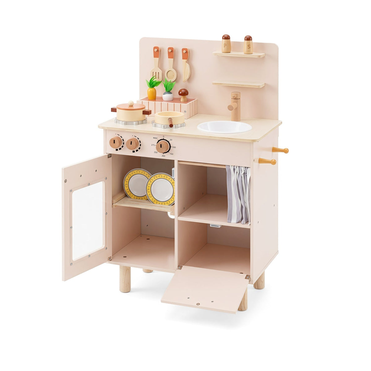 Wooden play kitchen set for kids by GBruno Store, featuring stove, sink, and faucet with realistic wooden design.