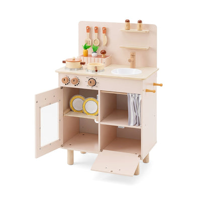 Wooden play kitchen set for kids by GBruno Store, featuring stove, sink, and faucet with realistic wooden design.