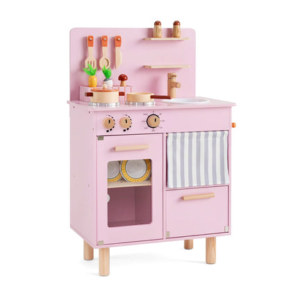 Wooden play kitchen set for kids with stove, sink, and faucet, featuring realistic cooking and washing areas for imaginative play.