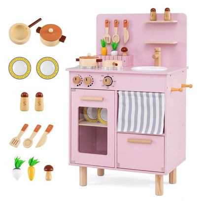 Wooden play kitchen set for kids with stove, sink, and faucet, featuring natural wood finish and realistic kitchen accessories.