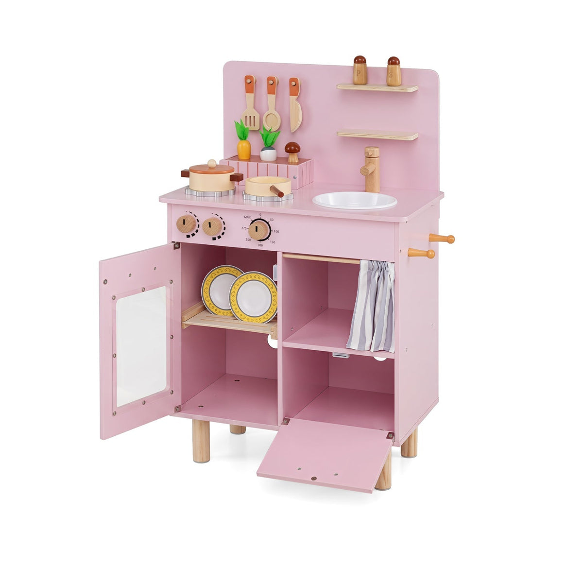 Wooden play kitchen set for kids by GBruno Store, featuring stove, sink, faucet, and realistic kitchen accessories.
