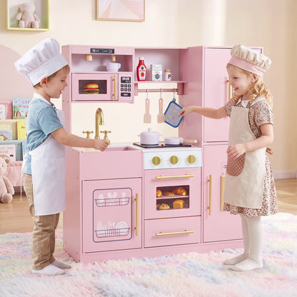 Wooden play kitchen set with lights and sounds for kids ages 3+ by GBruno Store, featuring realistic appliances and colorful design.