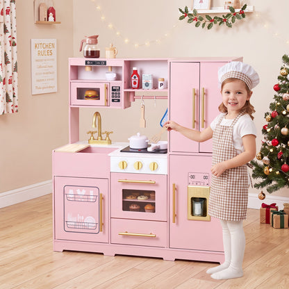 Wooden play kitchen set for kids with lights and sounds, including stove, sink, and oven, designed for children ages 3 and up.