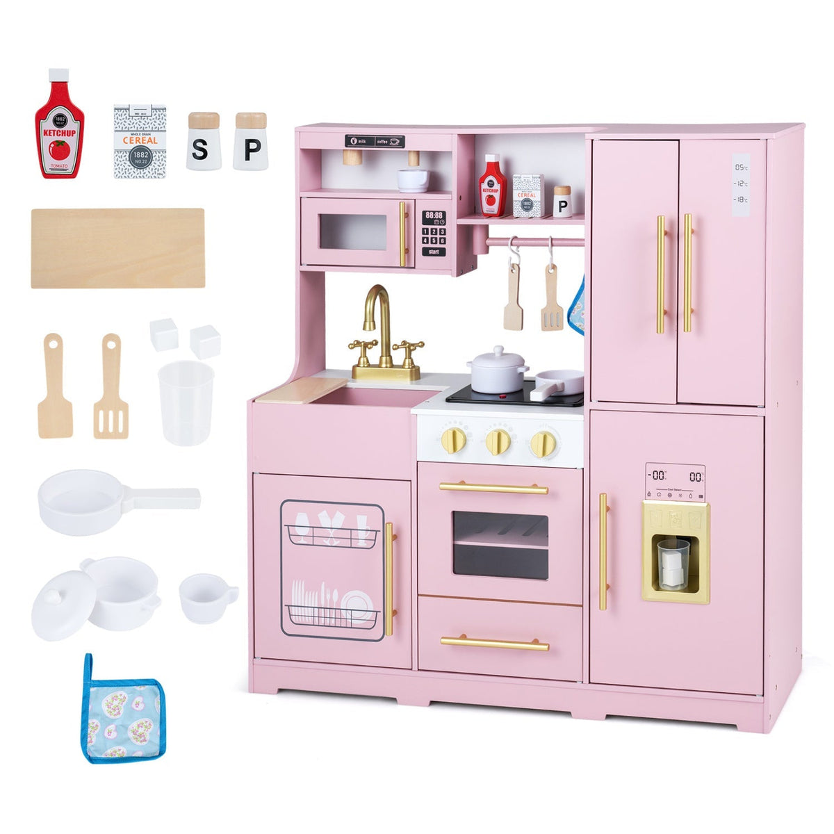 Wooden play kitchen set for kids with lights and sounds, featuring stove, sink, and storage from GBruno Store.