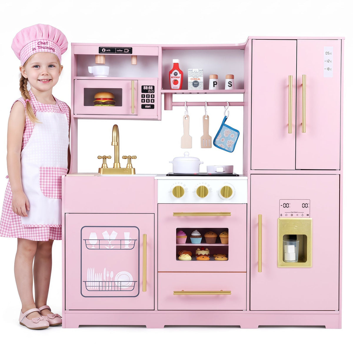 Wooden play kitchen set with lights and sounds for kids, featuring stove, sink, and storage by GBruno Store.