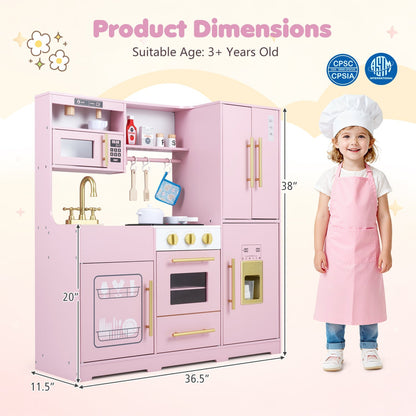 Wooden play kitchen set with lights and sounds for kids ages 3+ by GBruno Store, featuring realistic stove, sink, and storage areas.