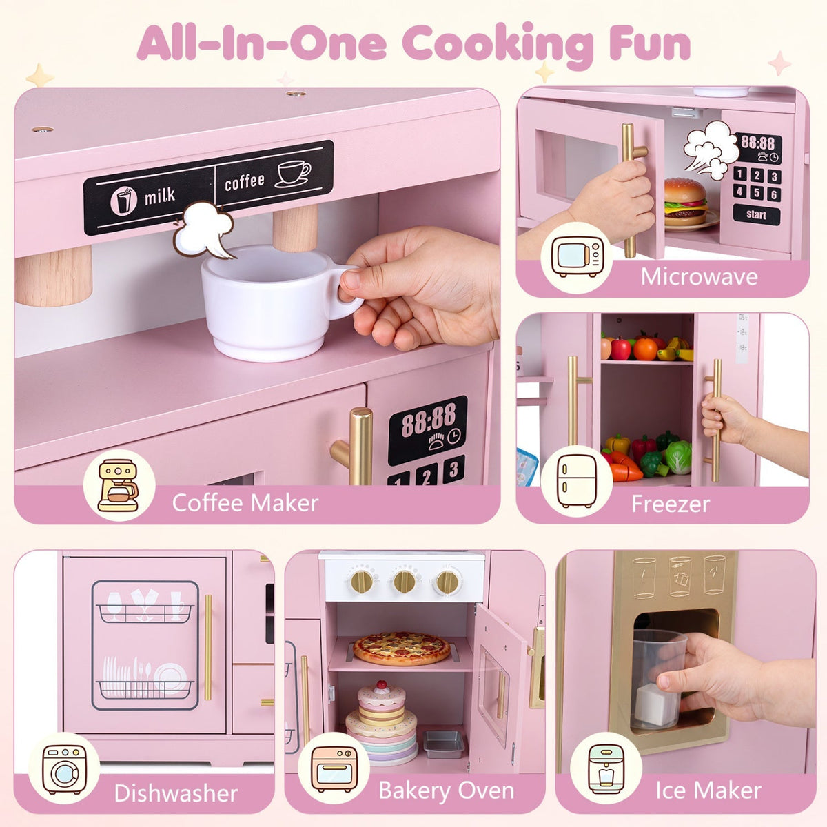 Wooden play kitchen set by GBruno Store with lights, sounds, stove, sink, and storage for kids ages 3+