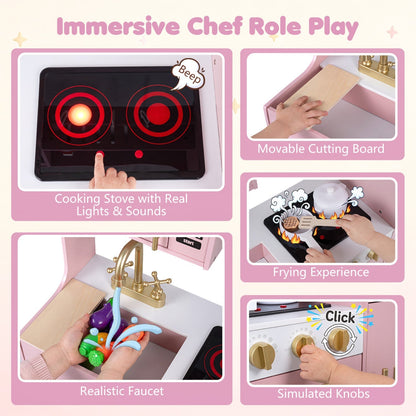 Wooden play kitchen set by GBruno Store with lights and sounds, designed for kids ages 3 and up, featuring realistic kitchen appliances.