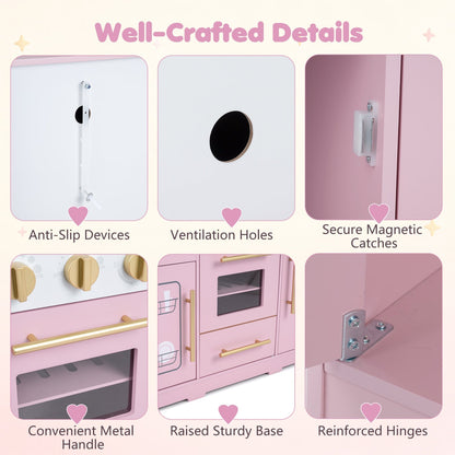 Wooden play kitchen set by GBruno Store with lights, sounds, stove, sink, and storage for kids aged 3+