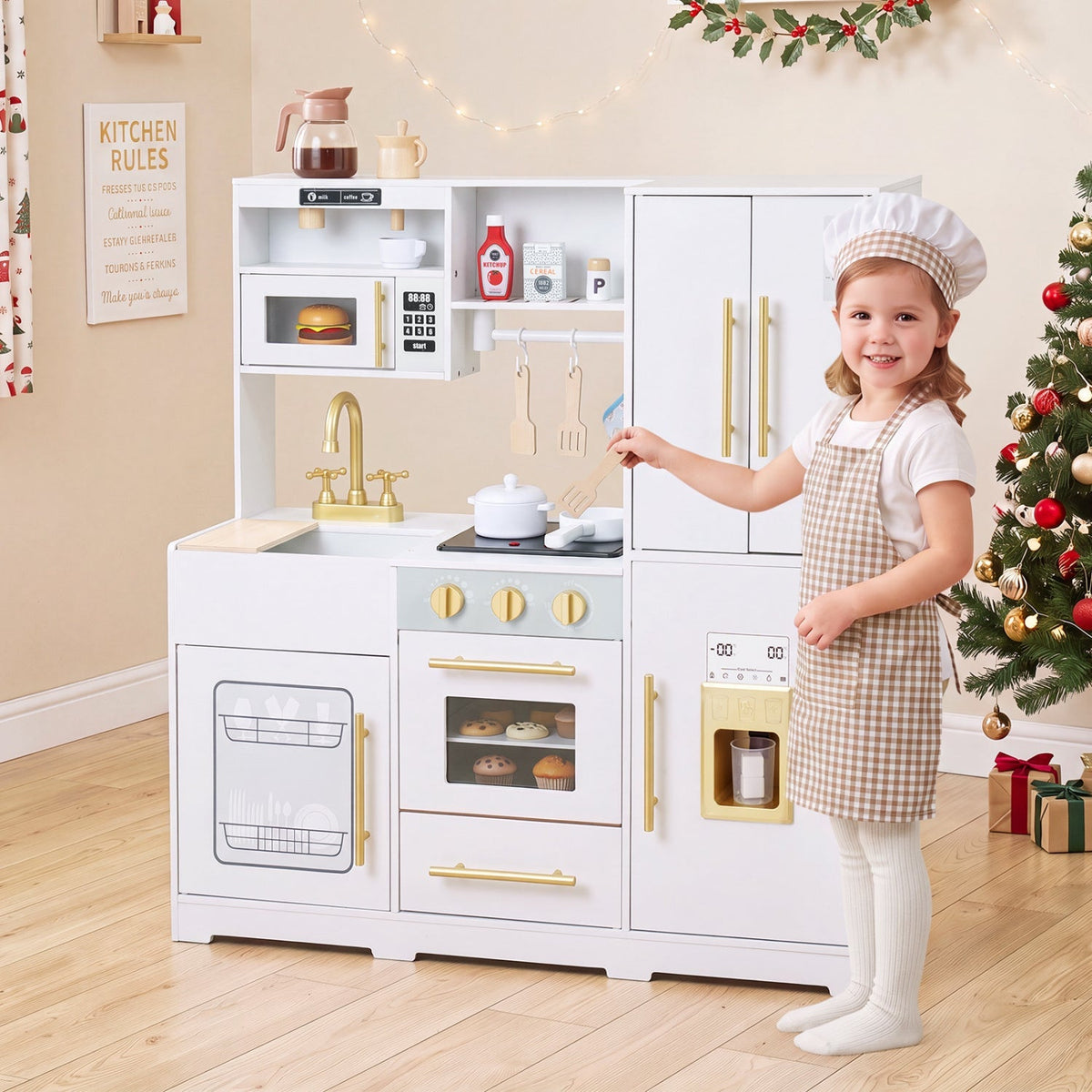 Wooden play kitchen set with lights and sounds for kids, featuring realistic stove, oven, sink, and accessories from GBruno Store.