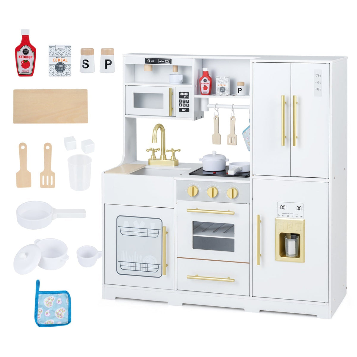 Wooden play kitchen set with lights and sounds for kids, featuring stove, sink, and storage from GBruno Store.
