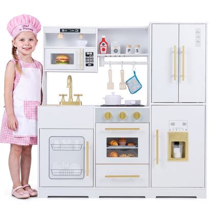 Wooden play kitchen set with lights and sounds for kids, featuring realistic stove, sink, and storage, perfect for imaginative play.