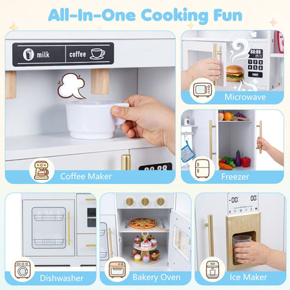 Wooden play kitchen set with lights and sounds for kids, featuring stove, oven, and sink, designed for children aged 3 and up.