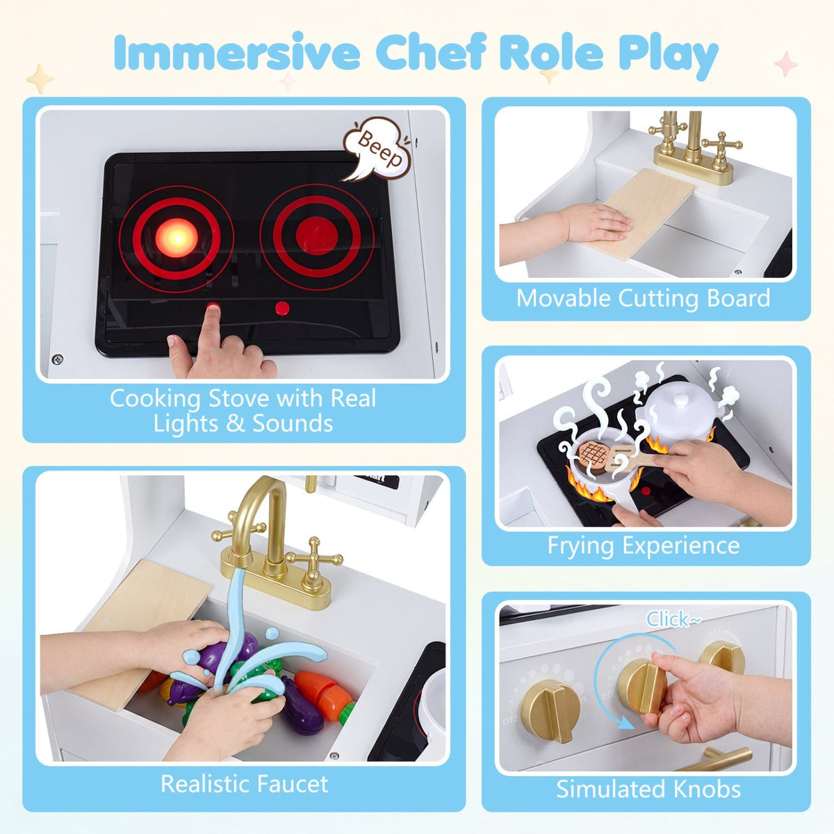 Wooden play kitchen set with lights and sounds for kids, featuring stove, oven, and sink, perfect for imaginative play.