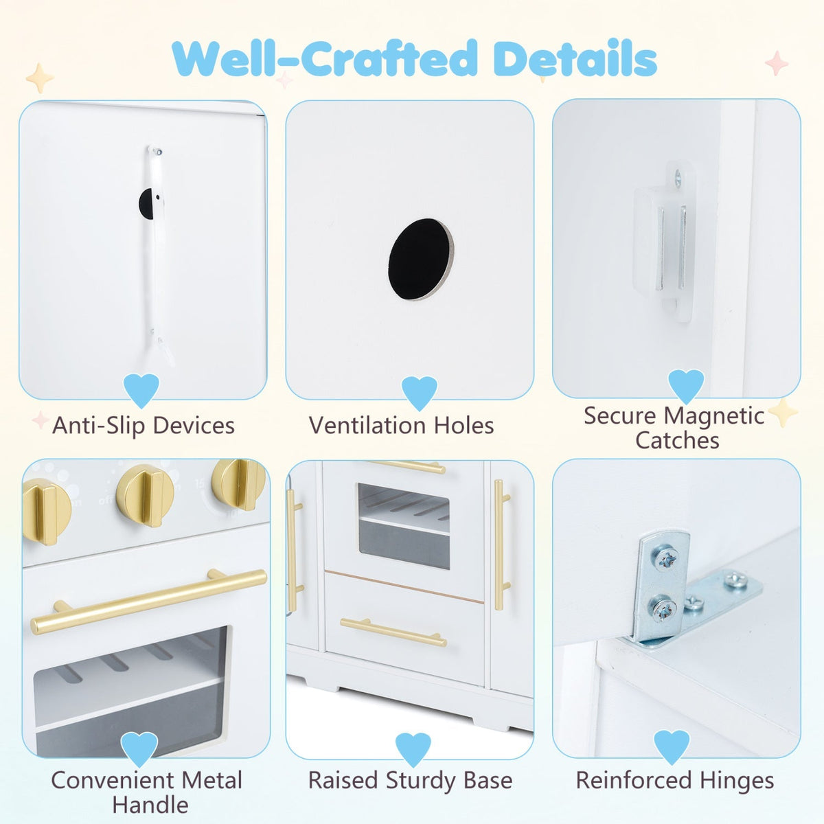 Wooden play kitchen set with lights and sounds for kids ages 3+ by GBruno Store, featuring realistic stovetop, oven, and play accessories.