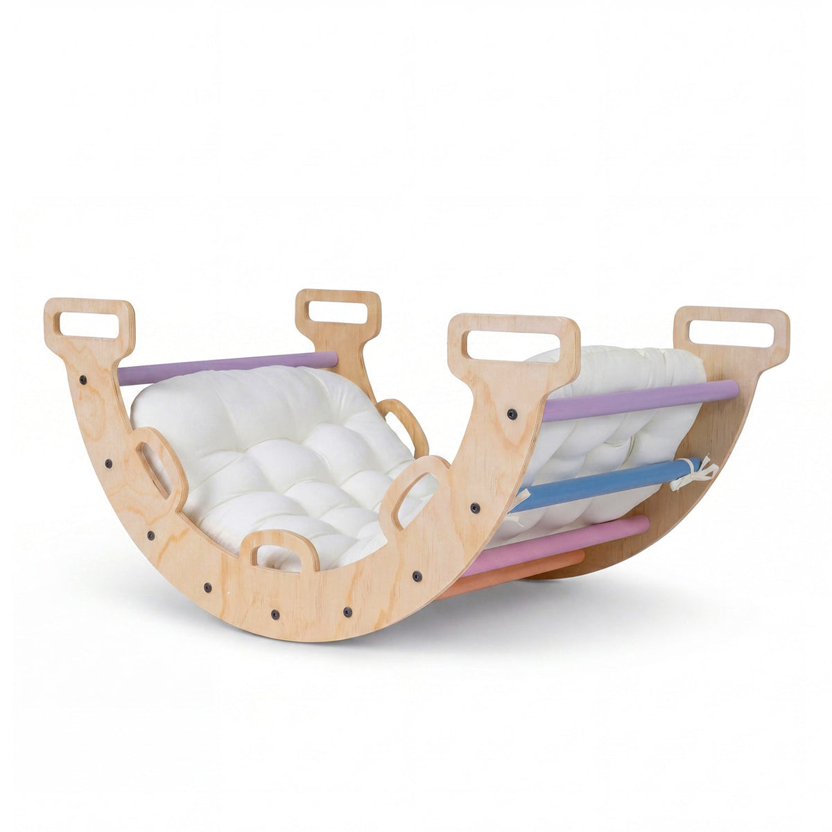 Wooden rocking climbing arch with cushion, 3-in-1 Montessori climbing toy for kids, made by GBruno Store.
