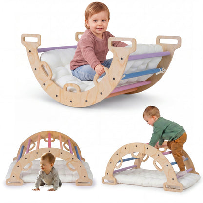Wooden rocking climbing arch with cushion, 3-in-1 Montessori climbing toy for kids, by GBruno Store.