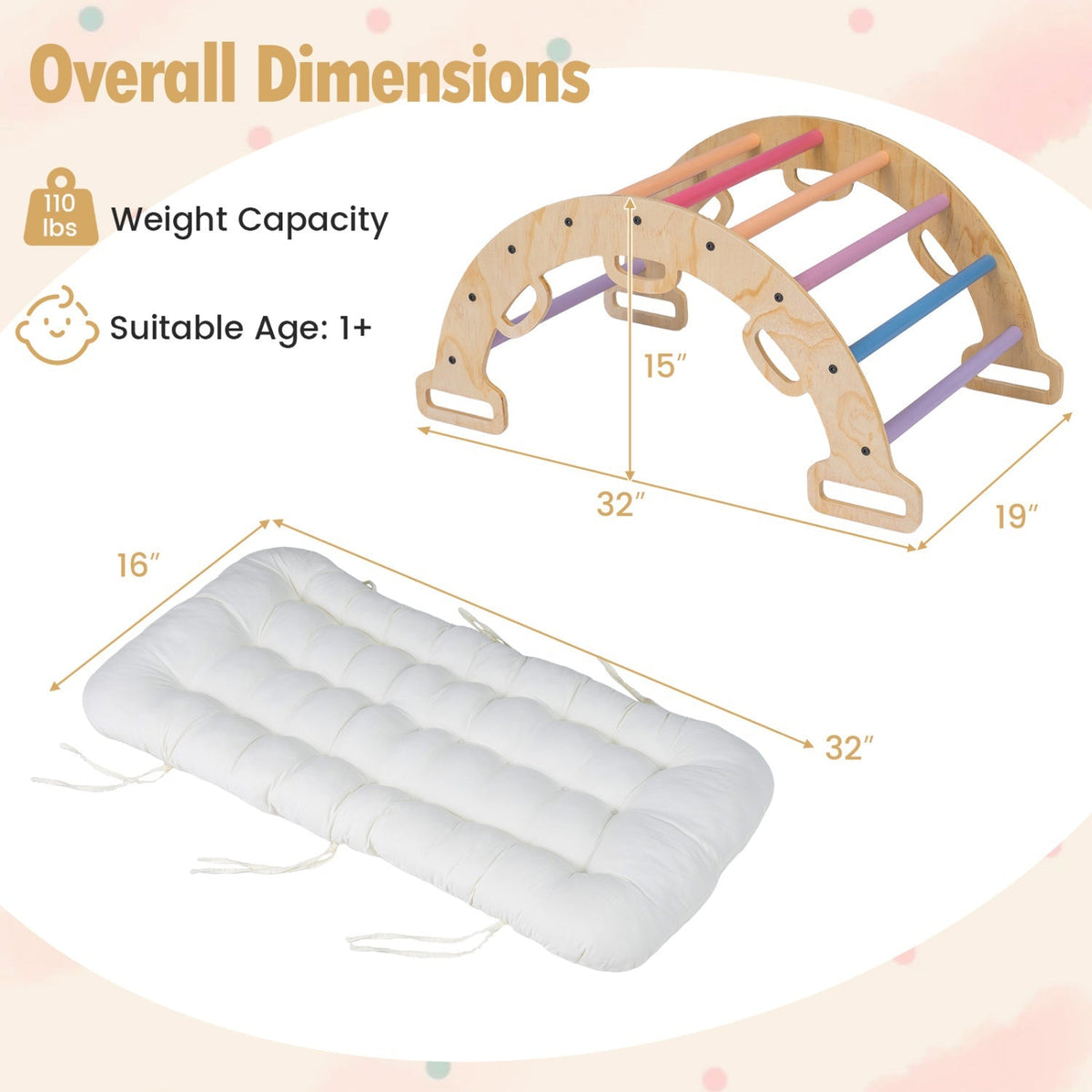 Wooden rocking climbing arch with cushion, 3-in-1 Montessori climbing toy for kids, natural wood finish and padded seating.