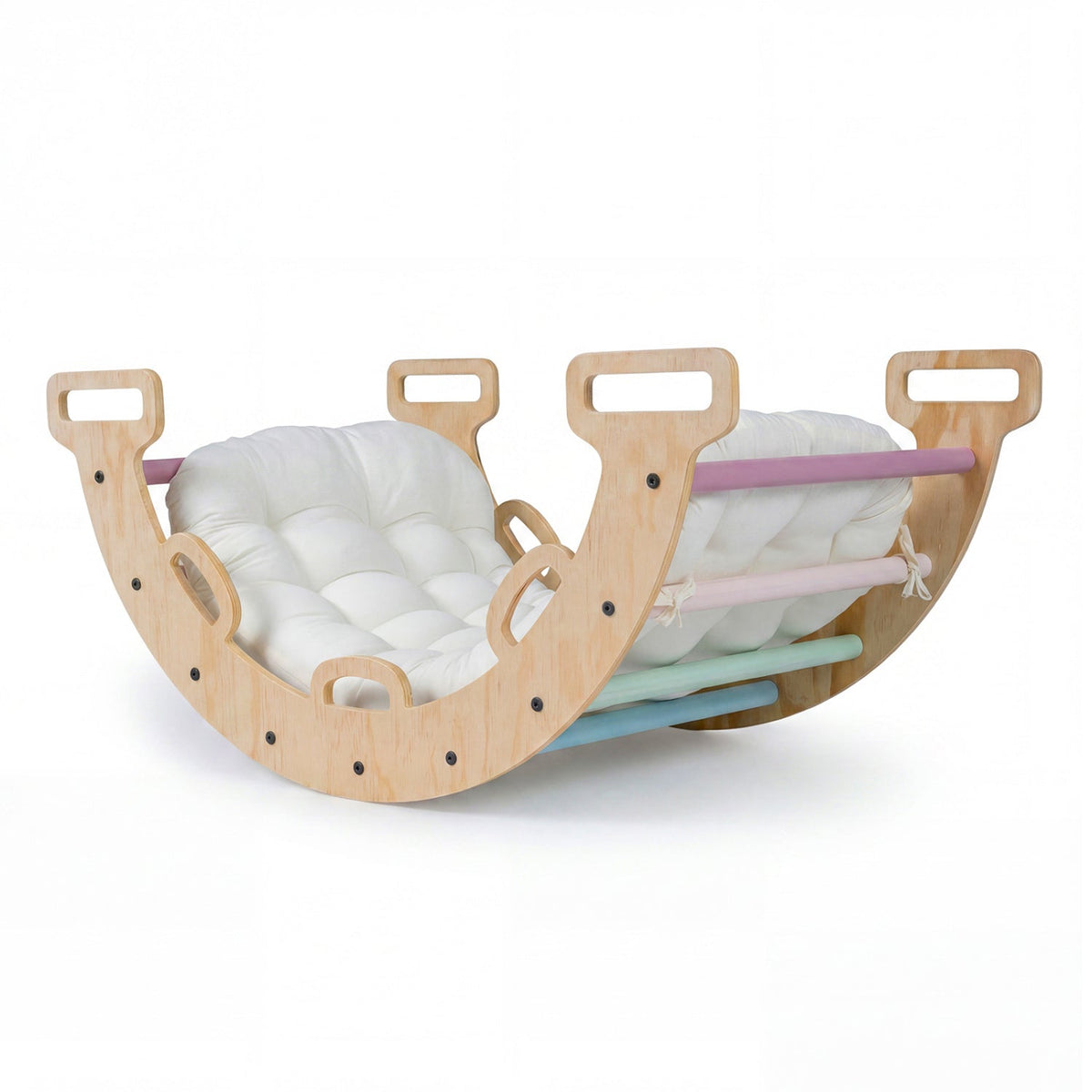 Wooden rocking climbing arch with cushion, 3-in-1 Montessori climbing toy for children, made by GBruno Store.