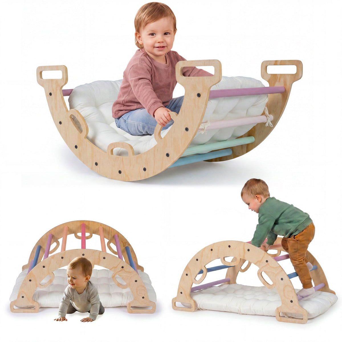 Wooden rocking climbing arch with cushion, 3-in-1 Montessori climbing toy for kids, by GBruno Store.