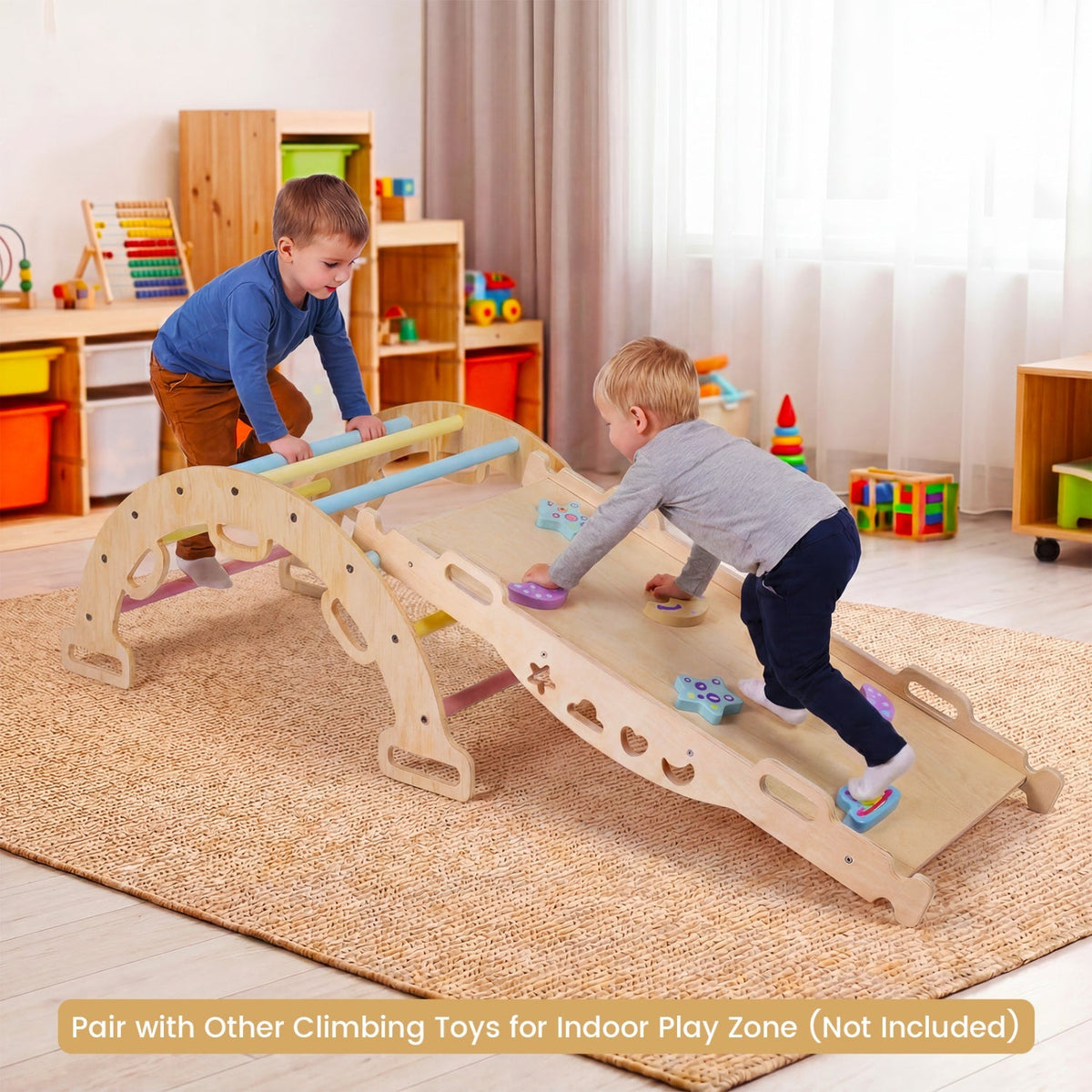 Wooden rocking climbing arch with cushion, 3-in-1 Montessori climbing toy for children, by GBruno Store.