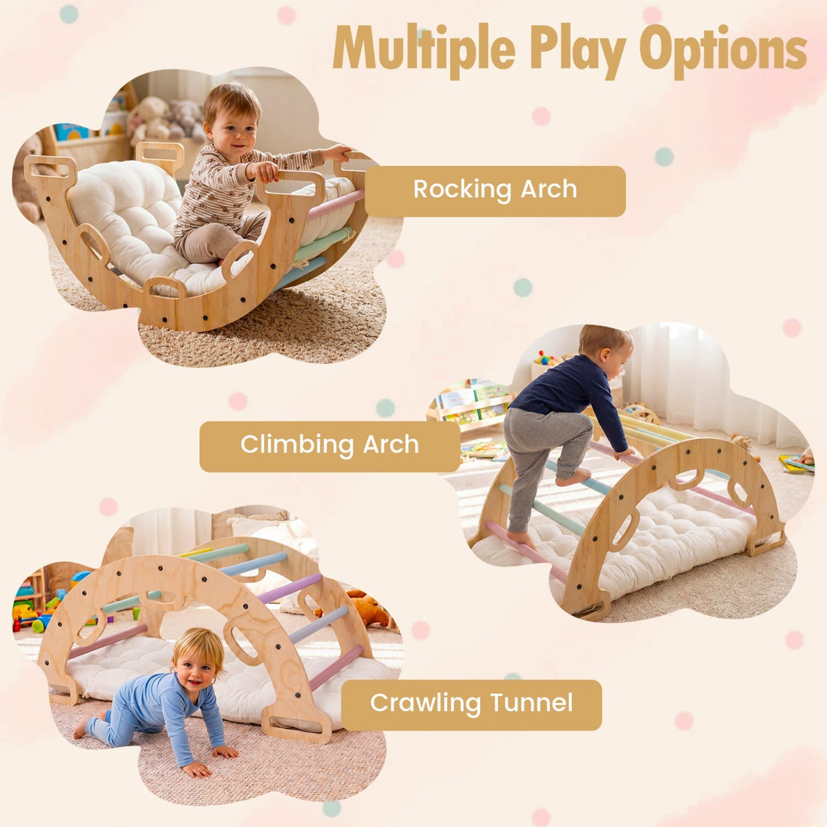 Wooden rocking climbing arch with cushion, 3-in-1 Montessori climbing toy for kids, wooden play equipment by GBruno Store
