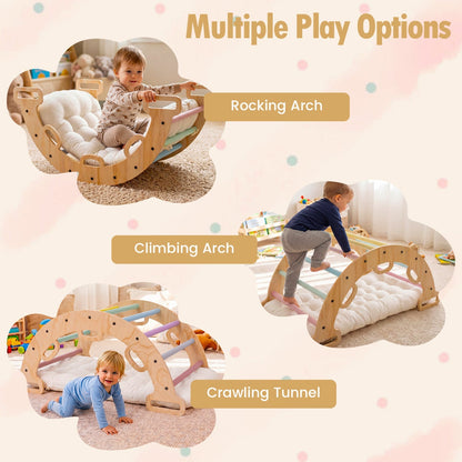 Wooden rocking climbing arch with cushion, 3-in-1 Montessori climbing toy by GBruno Store, suitable for indoor play and activity.