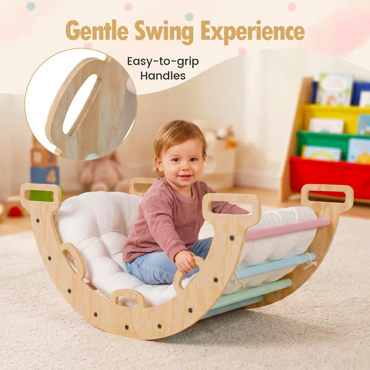 Wooden rocking climbing arch with cushion, 3-in-1 Montessori climbing toy for children, made by GBruno Store.