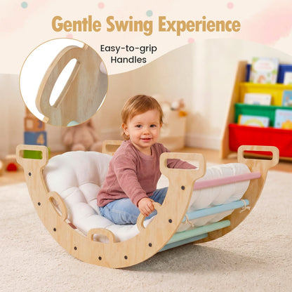Wooden rocking climbing arch with cushion, 3-in-1 Montessori climbing toy for children, made by GBruno Store.