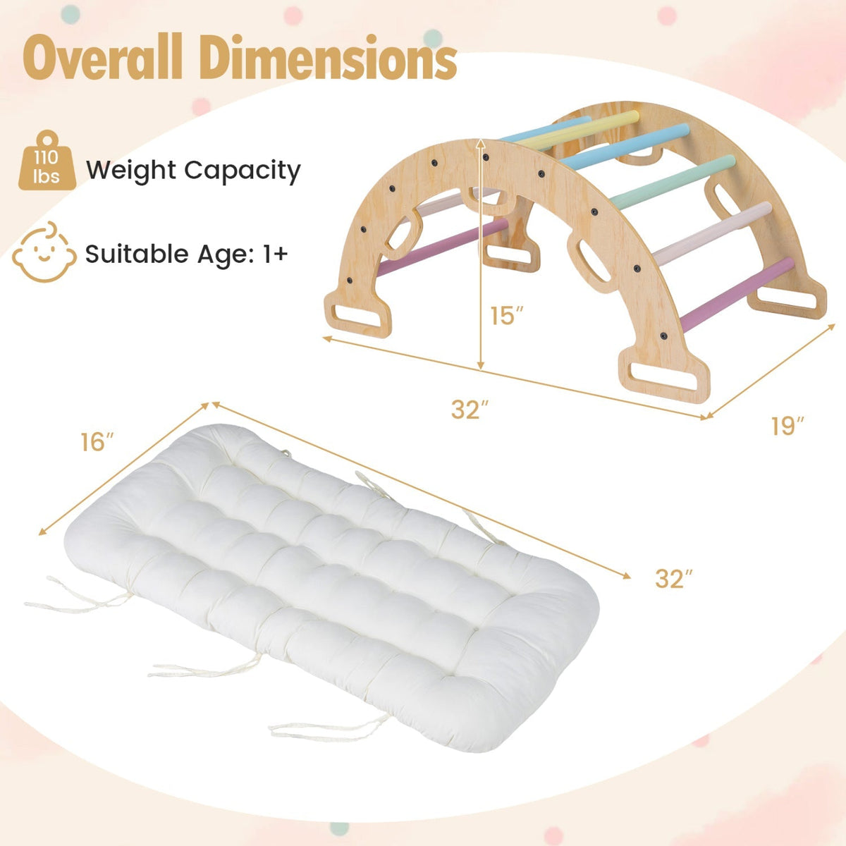 Wooden rocking climbing arch with cushion, 3-in-1 Montessori climbing toy by GBruno Store for kids' active play.