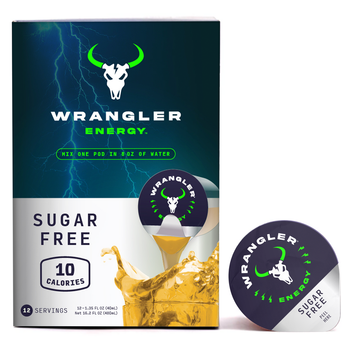Wrangler Liquid Energy Pods by Java House with a vertical pod lid design, showcasing the compact energy supplement container.