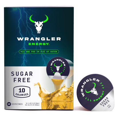 Wrangler Liquid Energy Pods by Java House with a vertical pod lid design, showcasing the compact energy supplement container.
