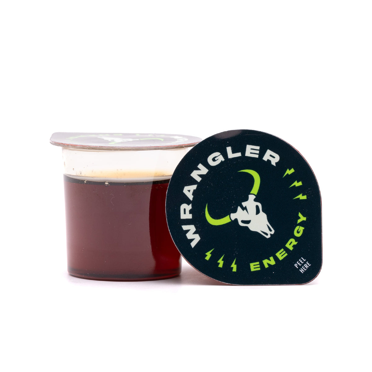 Wrangler Liquid Energy Pods by Java House shown in a clear container with vibrant liquid inside, designed for quick energy boost.
