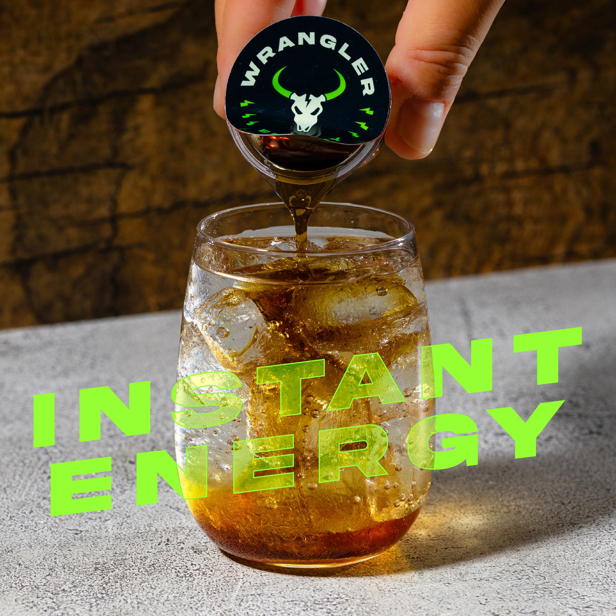 Wrangler Liquid Energy Pods by Java House shown in a clear container with vibrant, colorful energy drink pods.
