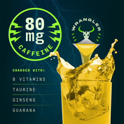 Wrangler Liquid Energy Pods by Java House shown in a clear container with vibrant liquid inside, designed for quick energy boost.
