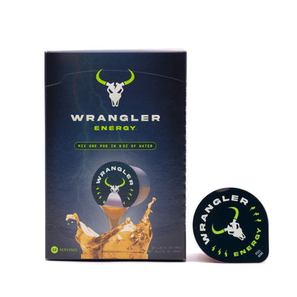 Wrangler Liquid Energy Pods by Java House, showing a close-up of the energy supplement container with vibrant packaging.