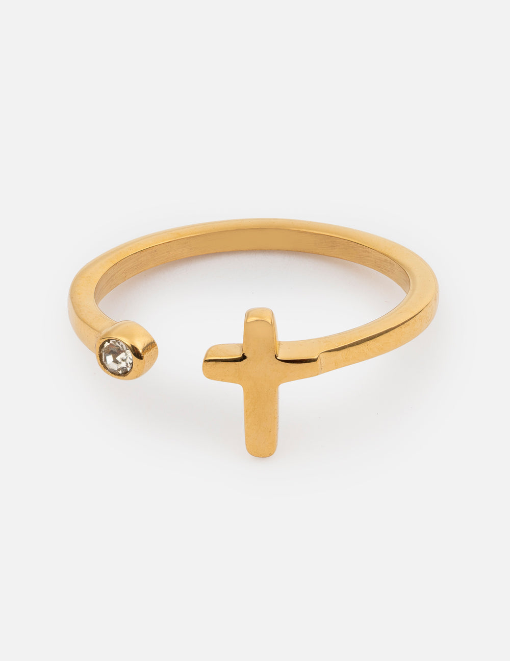 Elevated Faith wrapped cross gem ring featuring a silver band with a small cross and sparkling gemstone accent.