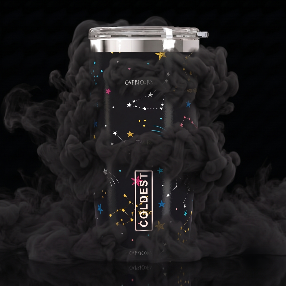 Coldest 20 oz Tumbler v2 hydration bottle with written stars design, durable stainless steel, and spill-proof lid.