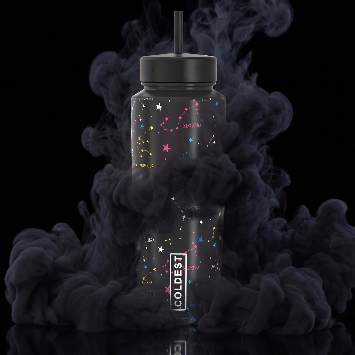 Coldest 6.7oz bottle with the Coldest logo, featuring a sleek design and written stars on a vibrant background.