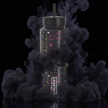 Coldest 6.7oz bottle with the Coldest logo, featuring a sleek design and written stars on a vibrant background.