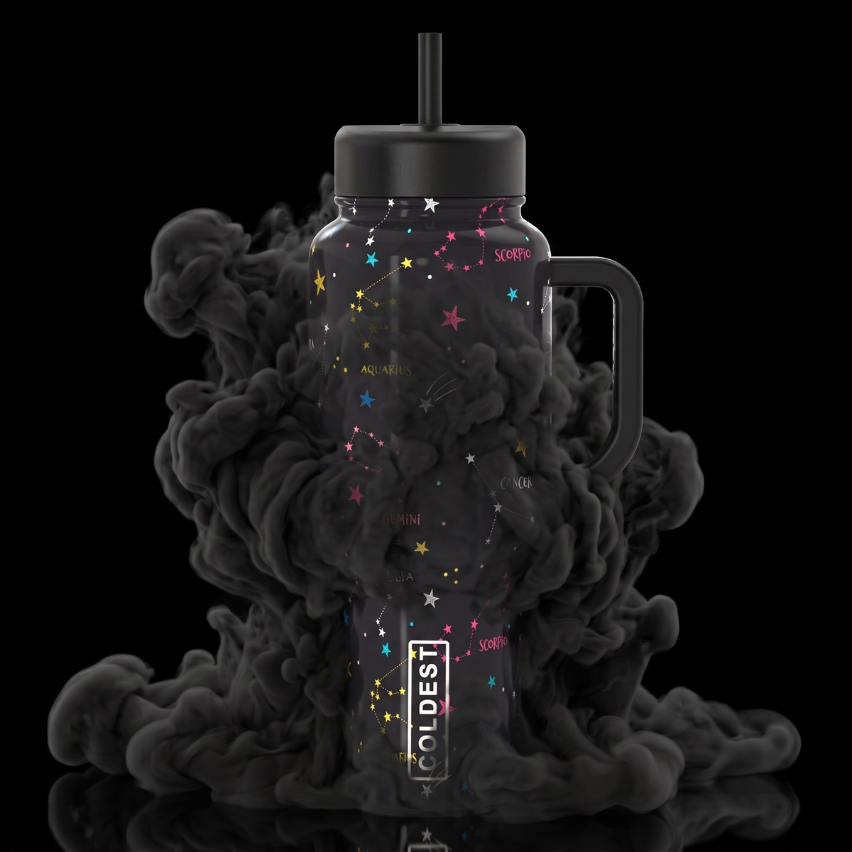 Coldest 6.7oz bottle with a white design featuring written stars and hype-themed graphics on a black background.