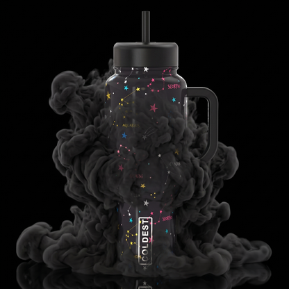 Coldest 6.7oz bottle with a white design featuring written stars and hype-themed graphics on a black background.