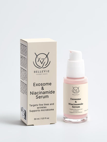 Belleviecosmetic Exosome and Niacinamide serum for skin renewal, showing a clear 30ml serum bottle with a sleek design.