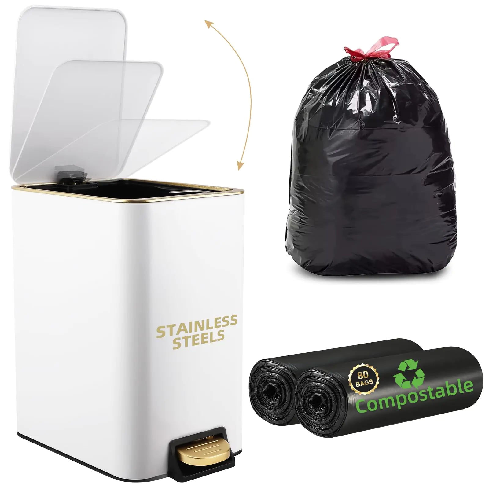 XLHOMO Small Bathroom Trash Can with Lid Soft Close 10 Liter / 2.6 Gallon Stainless Steel Garbage Can with Removable Inner Bucket80Count Compostable Trash Bags Slim Step Pedal Trash Bins