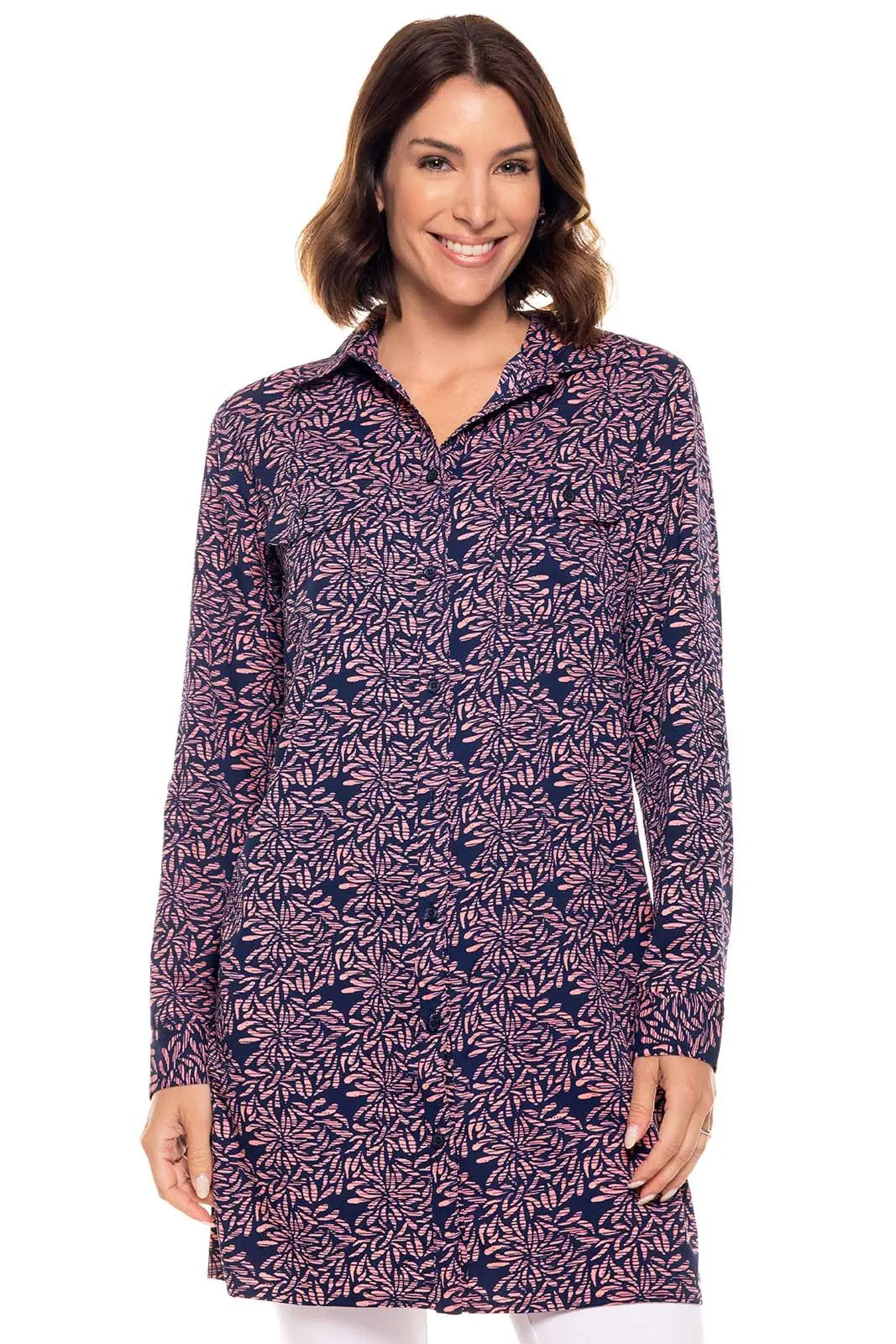 Coolibar UPF 50+ Womens Santorini Tunic Shirt - Sun Protective (X-Large- Peachy Pink Etched Flowers)