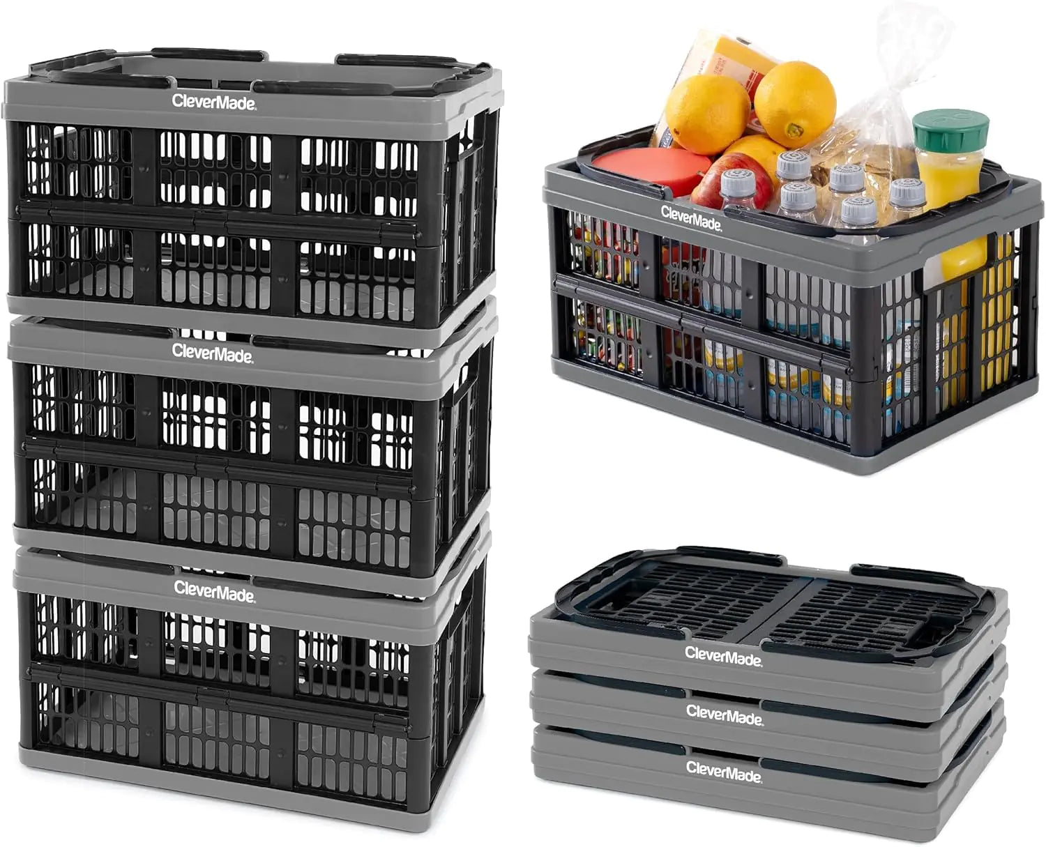 CleverMade Collapsible Shopping Basket Charcoal 3PK - 16L (4 Gal) Reusable Plastic Grocery Shopping Baskets Holds 22lbs Per Basket - Small Foldable Storage Crates with Handles