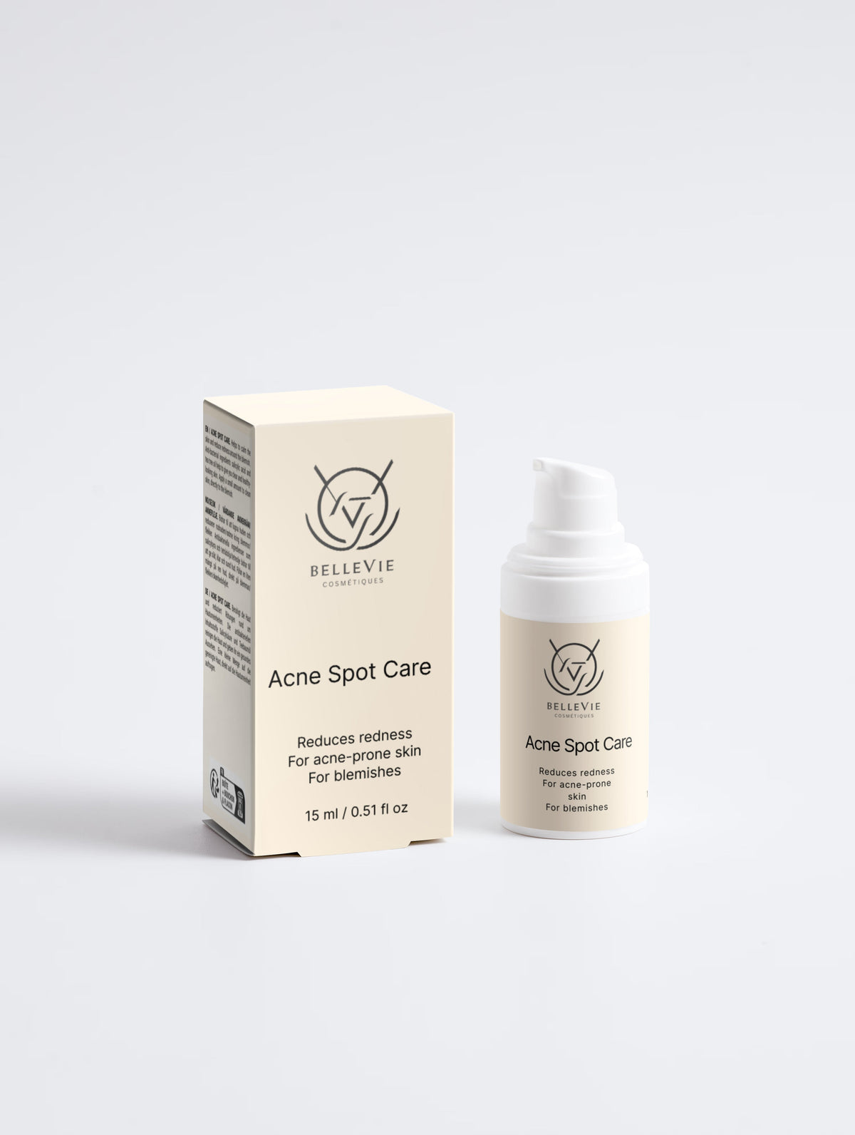 BelleVie Cosmétiques Acne Spot Care bottle with 15ml size, featuring tea tree and salicylic acid for blemish treatment.