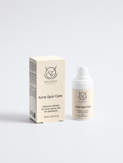 BelleVie Cosmétiques Acne Spot Care bottle with 15ml size, featuring tea tree and salicylic acid for blemish treatment.