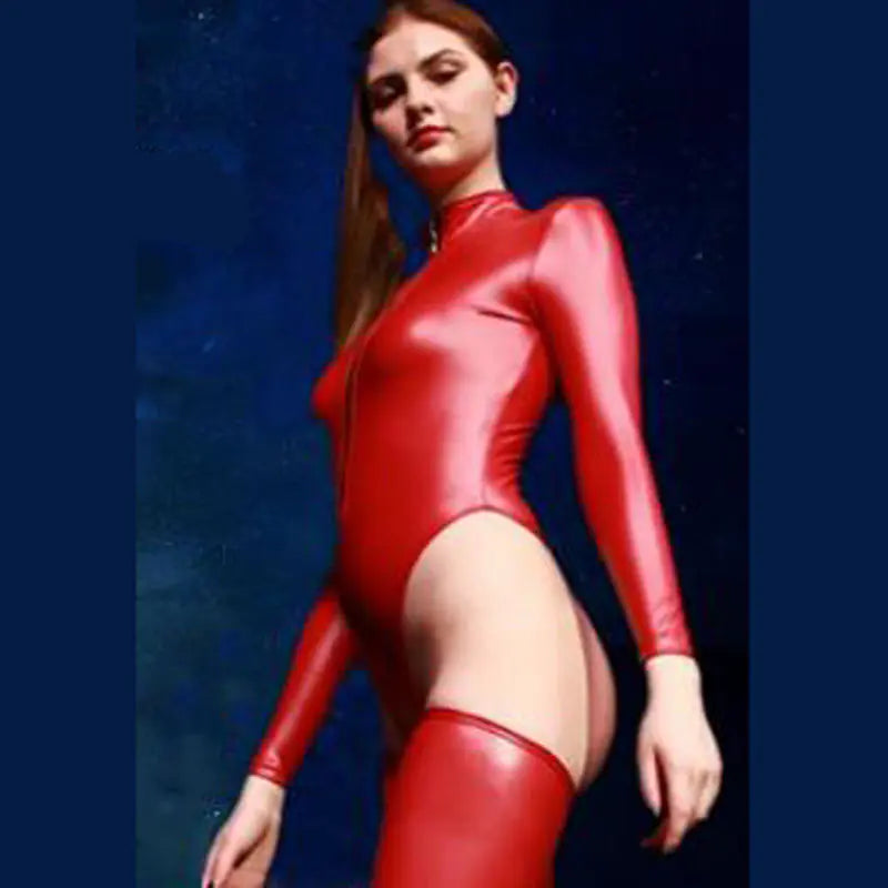 Gothic High Cut Latex PU Long Sleeve Bodysuit for Women